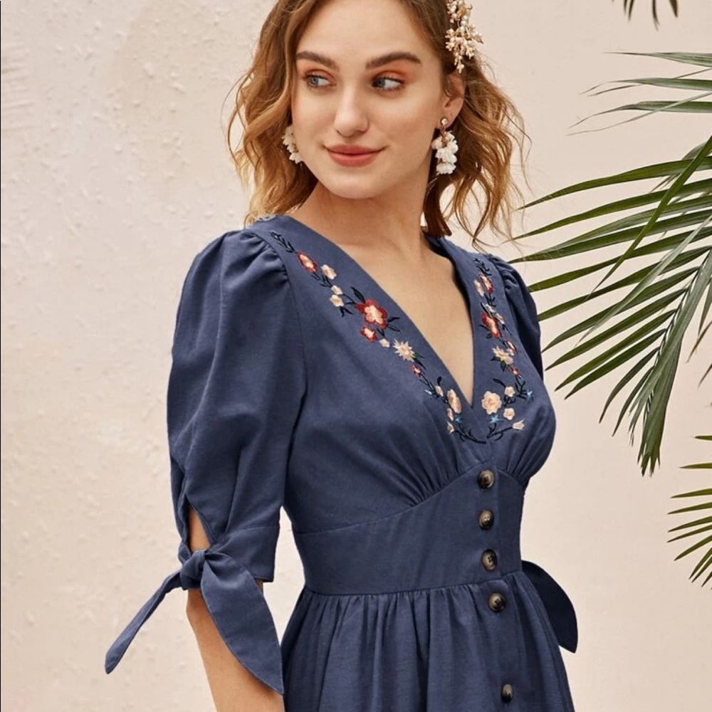 Anthropologie Embroidered Floral Navy Middi Dress